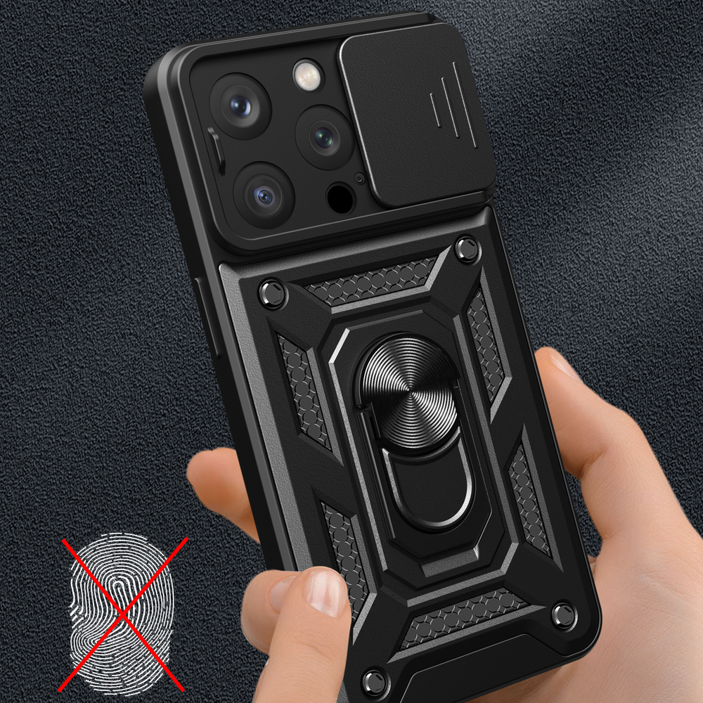 Hybrid Armor Camshield Case for iPhone 15 Pro Max with Camera Cover, Blue