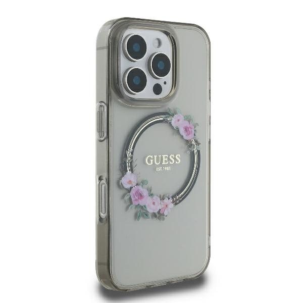 Guess iPhone 16 Pro Max dėklas IML Flowers Wreath MagSafe, juodas