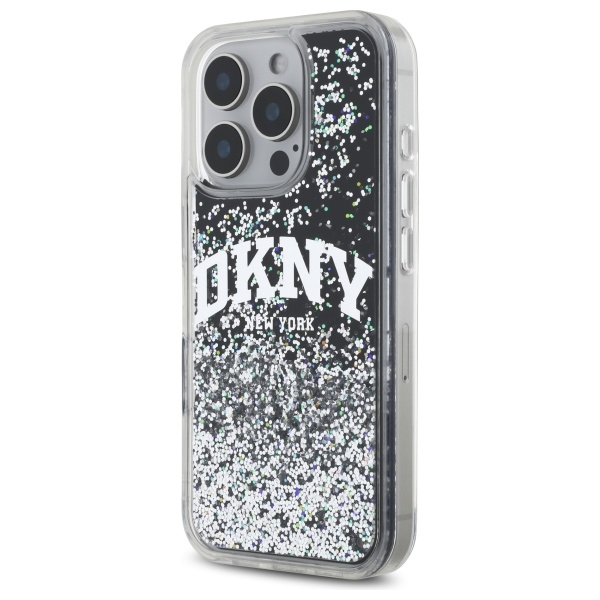 DKNY Liquid Glitter Arch Logo dėklas, skirtas iPhone 16 Pro, juodas