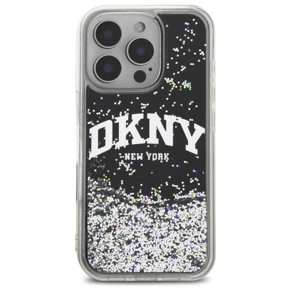 DKNY Liquid Glitter Arch Logo dėklas, skirtas iPhone 16 Pro, juodas