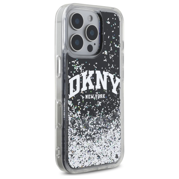 DKNY Liquid Glitter Arch Logo dėklas, skirtas iPhone 16 Pro, juodas