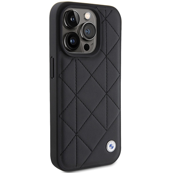 BMW dėklas iPhone 15 Pro Max telefonui Leather Quilted, juodas