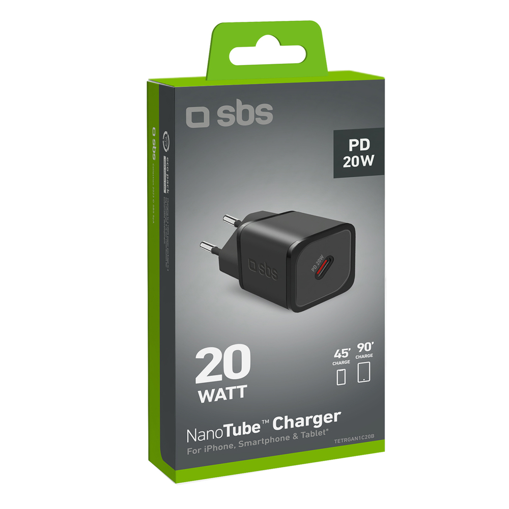 Sbs 20W GaN USB-C Wall Charger with Power Delivery, Black