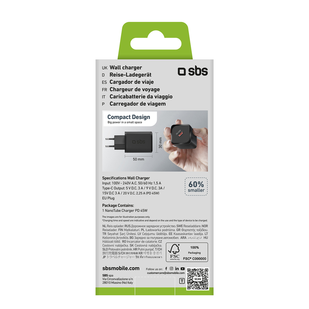 Sbs TETRGAN1C45W 45W GaN USB-C Wall Charger with Power Delivery, Black