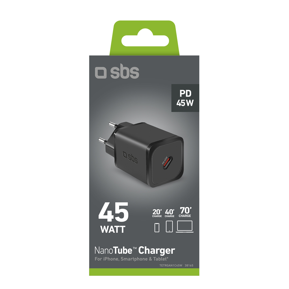 Sbs TETRGAN1C45W 45W GaN USB-C Wall Charger with Power Delivery, Black