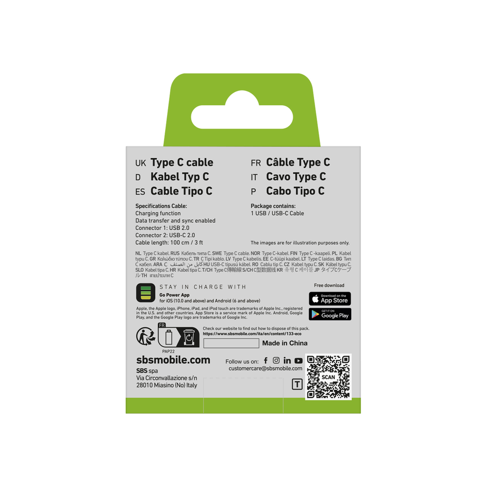 SBS USB-A - USB-C laidas 1m, juodas
