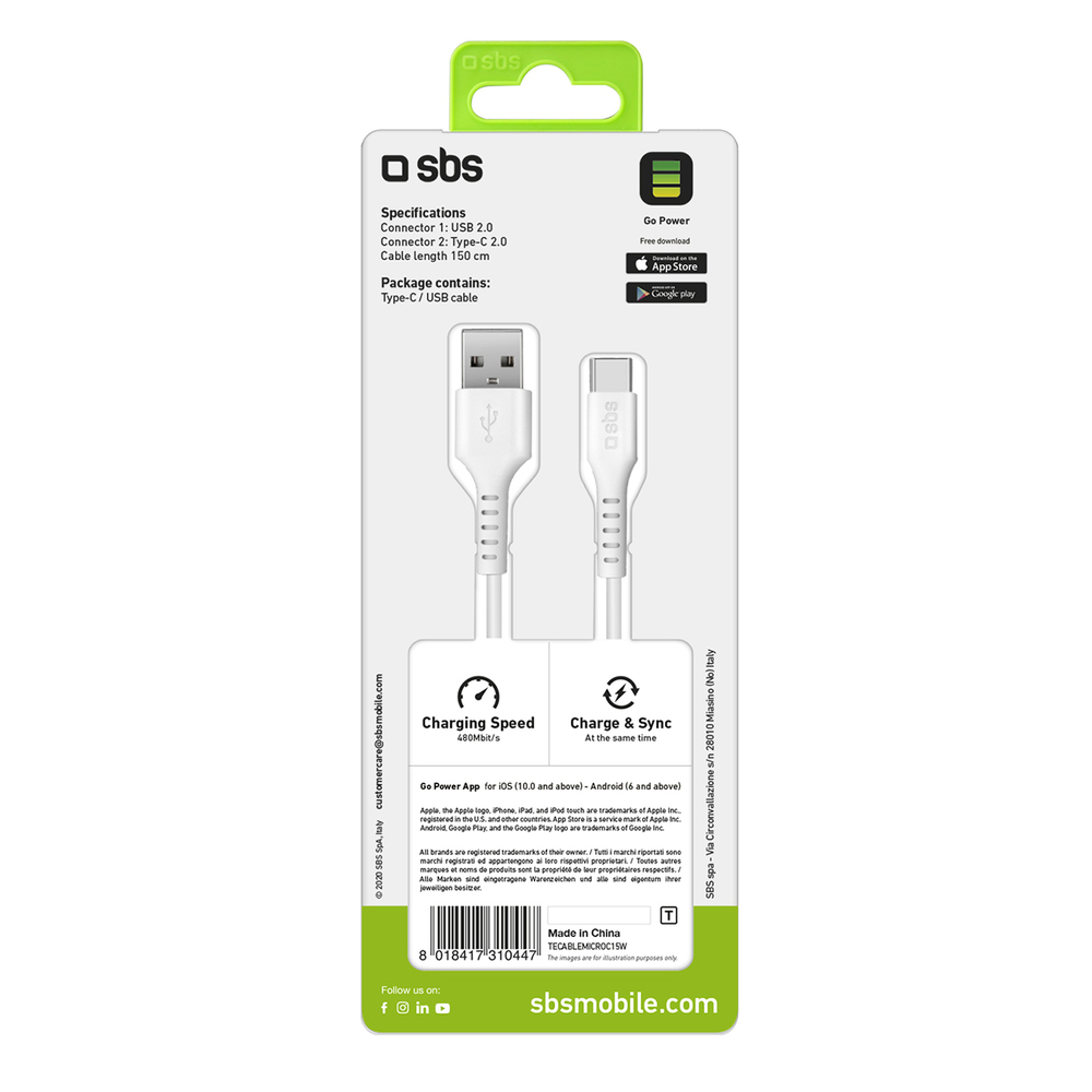 SBS USB-A to USB-C Cable 1.5m, White