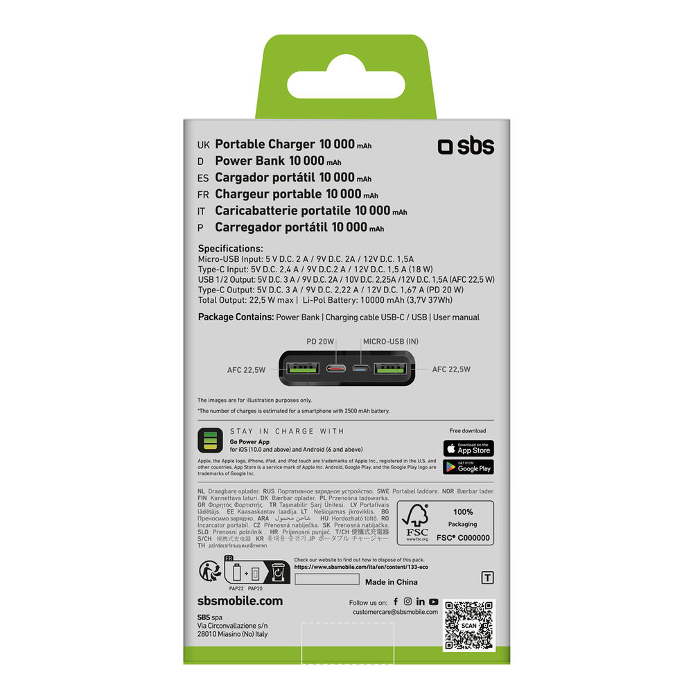 Sbs Power Bank 10000 mAh 20W Power Delivery, black