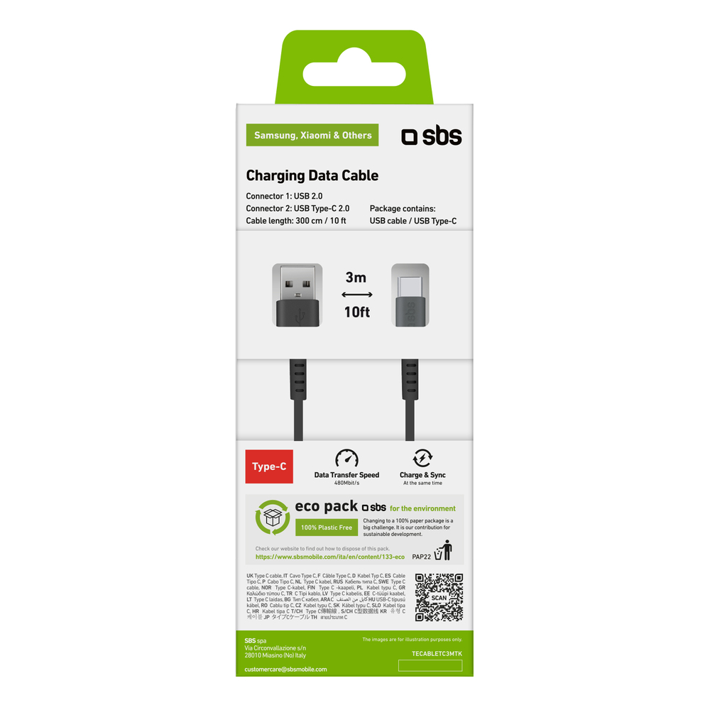SBS USB-A to USB-C laidas (3 m), juodas