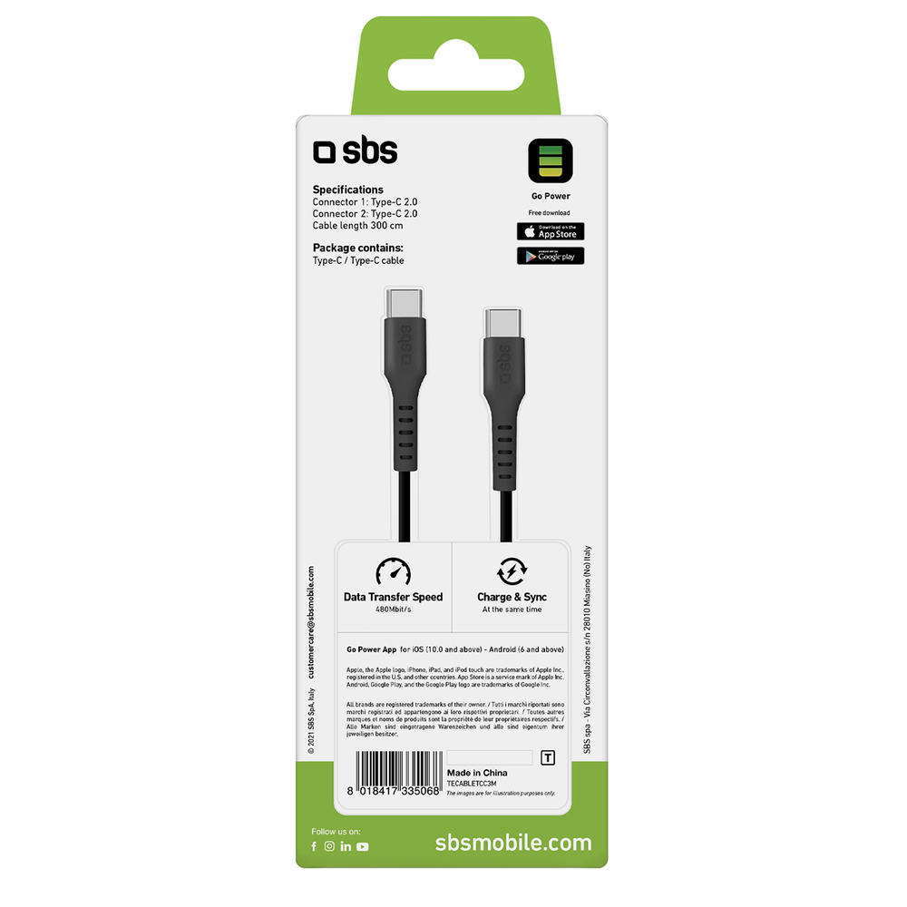 SBS USB-C į USB-C laidas (3m) TECABLETCC3M, juodas