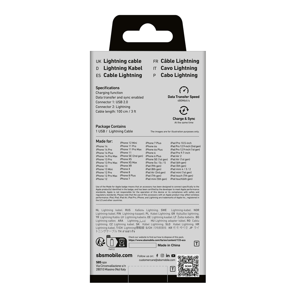 SBS USB-A - Lightning Cable 1m MFi Certified, Black