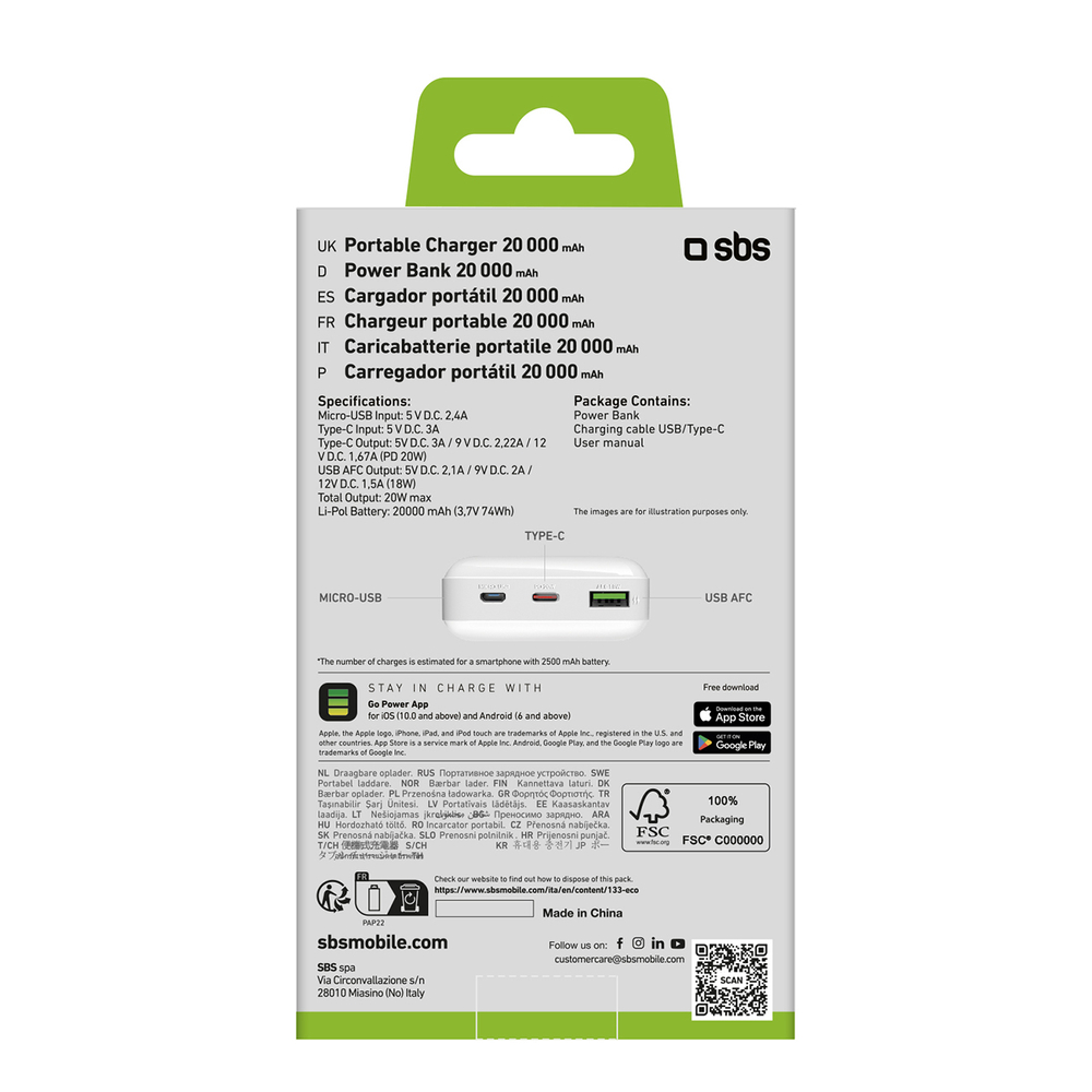 Sbs Powerbank 20000 mAh Power Delivery 20W, White