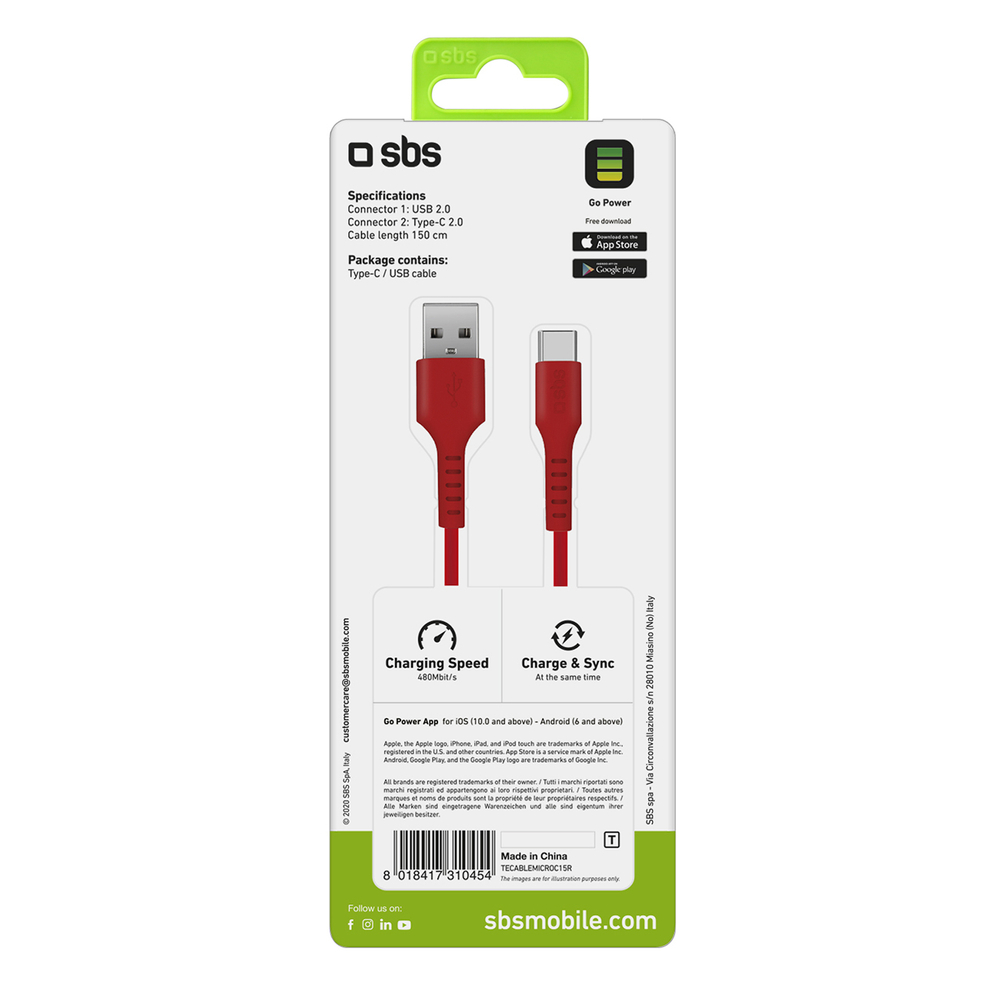 SBS USB-A to USB-C Cable 1.5m, Red