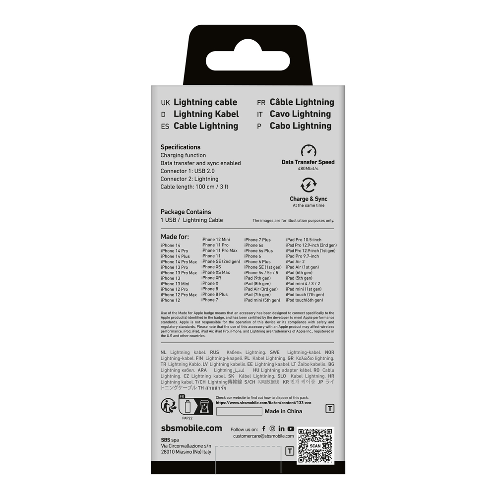 SBS USB-A to Lightning laidas (MFi), 1 m, mėlynas