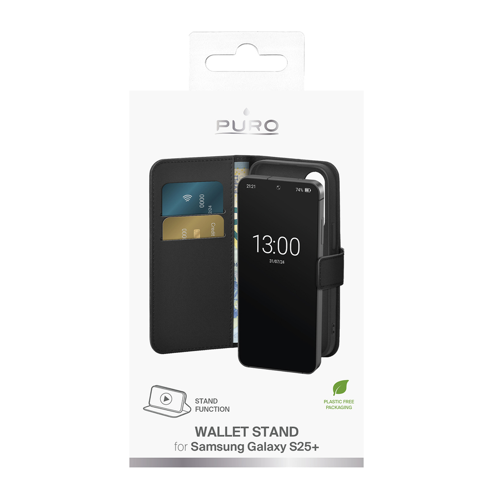 Puro Samsung Galaxy S25+ atverčiamasis dėklas-piniginė, juodas