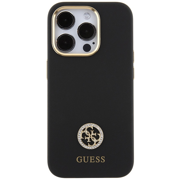 Guess iPhone 15 Pro Max dėklas Silicone Logo Strass 4G, juodas