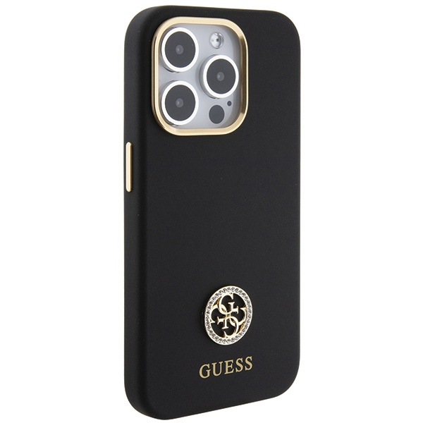 Guess iPhone 15 Pro Max dėklas Silicone Logo Strass 4G, juodas