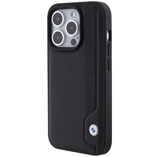 BMW dėklas iPhone 15 Pro Max telefonui Leather Blue Dots, juodas
