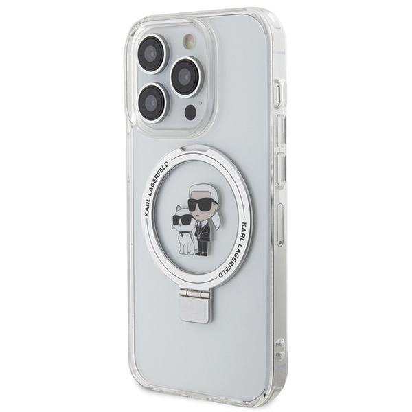 Karl Lagerfeld dėklas iPhone 15 Pro Max su Ring Stand ir MagSafe, baltas