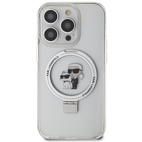 Karl Lagerfeld dėklas iPhone 15 Pro Max su Ring Stand ir MagSafe, baltas