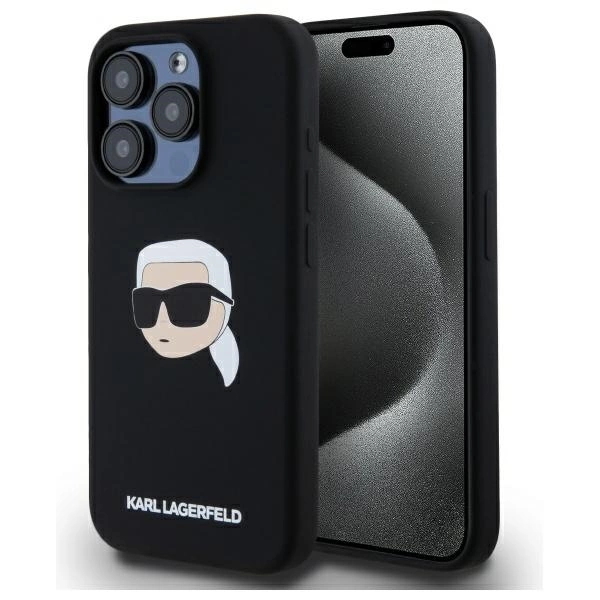 Karl Lagerfeld Silicone Karl Head dėklas iPhone 15 Pro Max su MagSafe, juodas