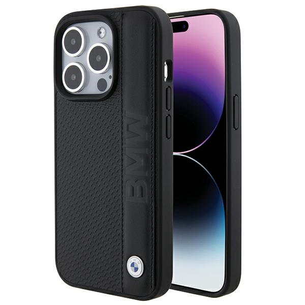 BMW iPhone 15 Pro Max Case Leather Textured & Stripe, Black