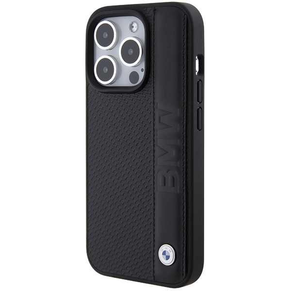BMW dėklas, skirtas iPhone 15 Pro Max, Leather Textured & Stripe, juodas