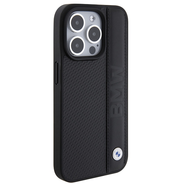 BMW dėklas, skirtas iPhone 15 Pro Max, Leather Textured & Stripe, juodas