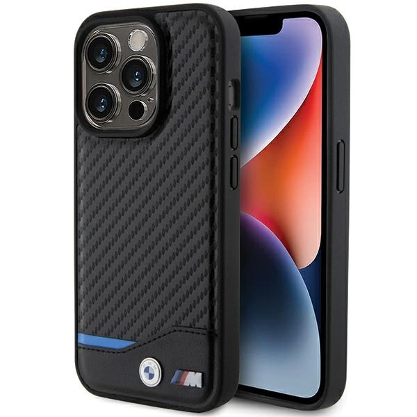 BMW Leather Carbon MagSafe dėklas iPhone 15 Pro Max, juodas