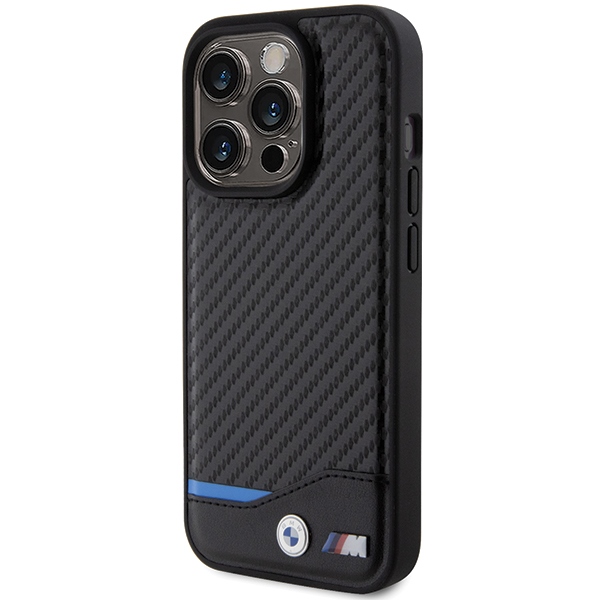 BMW Leather Carbon MagSafe dėklas iPhone 15 Pro Max, juodas