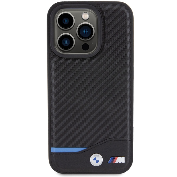 BMW Leather Carbon MagSafe dėklas iPhone 15 Pro Max, juodas
