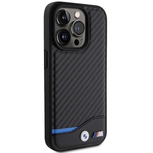 BMW Leather Carbon MagSafe dėklas iPhone 15 Pro Max, juodas