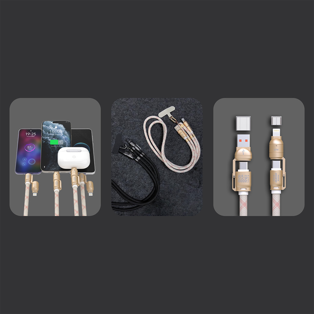 Dudao L20MAX 4in1 laidas ir juostelė USB-A / USB-C / Lightning 65W 1,5 m, rožinis