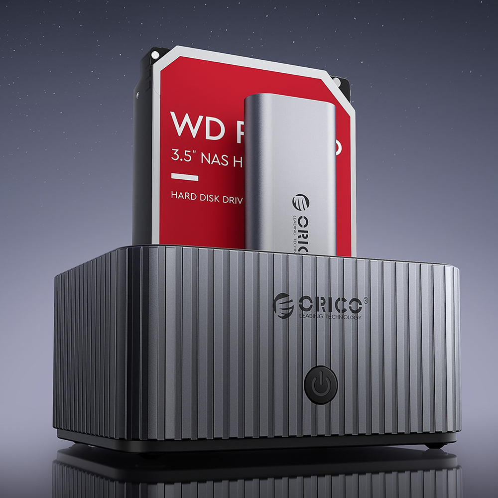 Orico IT28E-C dviejų diskų doko stotis, M.2 NVME / SATA HDD / SSD, pilka