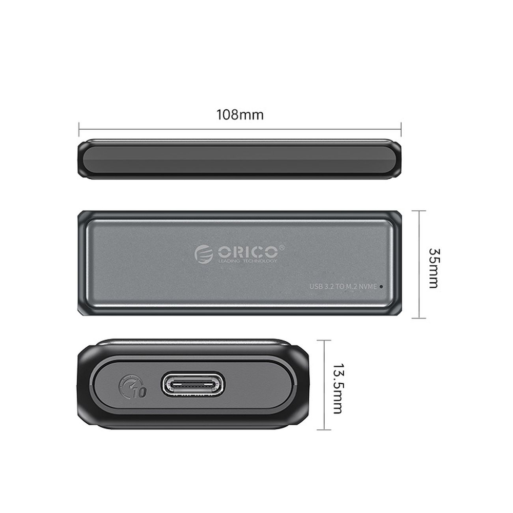 Orico DDM2-C3-G2 M.2 NVMe SSD išorinis dėklas, USB-C 3.2, pilkas