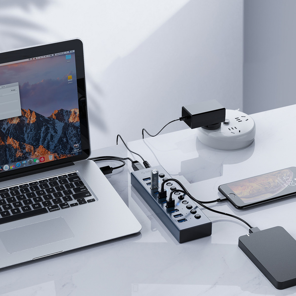 Orico BT2U3-13AB 13 prievadų USB-A 3.0 šakotuvas su jungikliais, pilkas