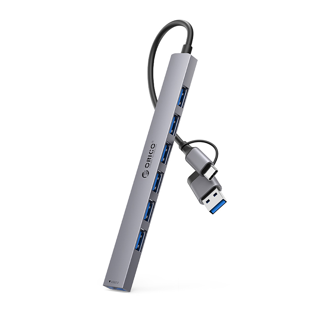 HUB 7-port input 2in1: USB-A/USB-C / output: 1x USB-A 3.0 + 6x 2.0 - gray