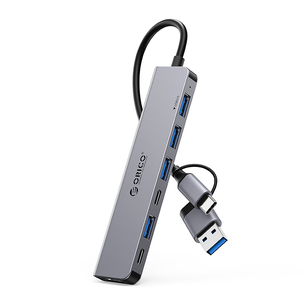 HUB 7-port input 2in1: USB-A/USB-C / output: 4x USB-A 2.0 + 1x 3.0 2x USB-C cable 0.17M - gray