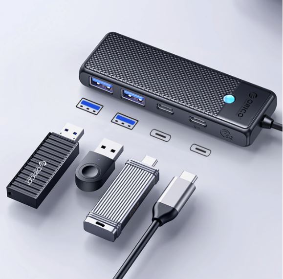 Orico PAPW2AC-C3 USB-C šakotuvas, 2x USB-A 3.0, 2x USB-C, juodas