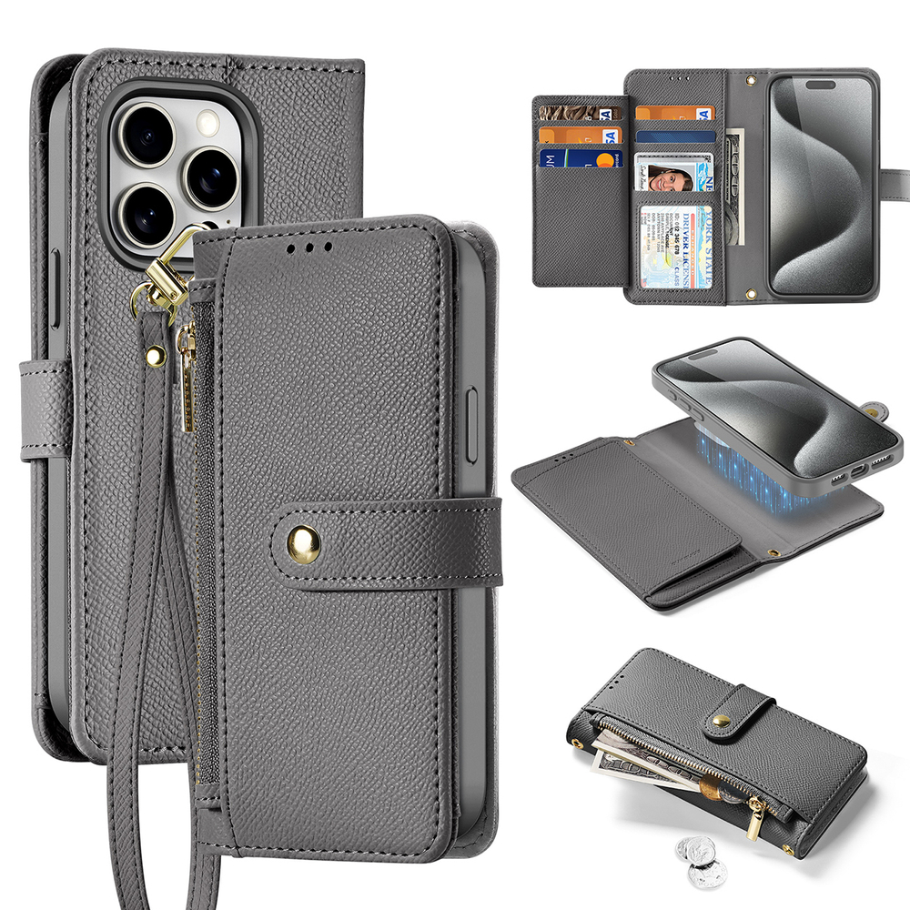 Dux Ducis Lawa Genuine Leather Wallet Case for iPhone 15 Pro Max, Gray