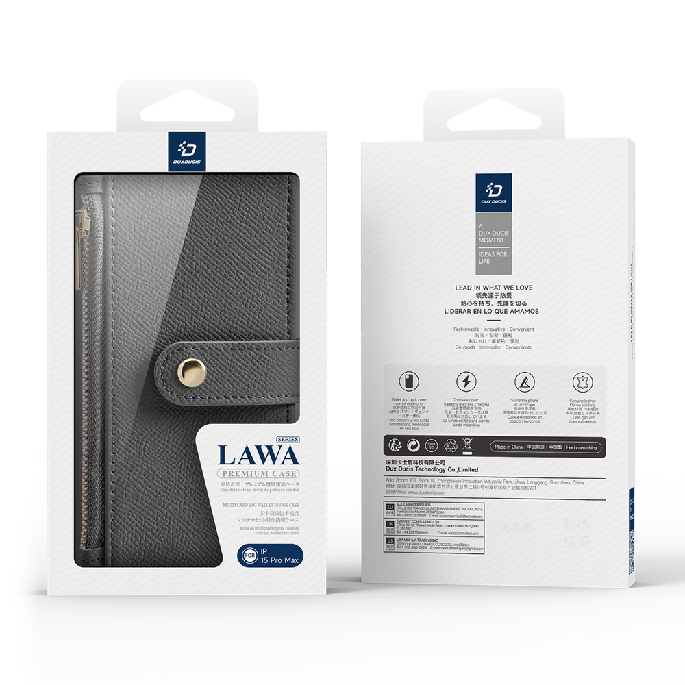 Dux Ducis Lawa Genuine Leather Wallet Case for iPhone 15 Pro Max, Gray