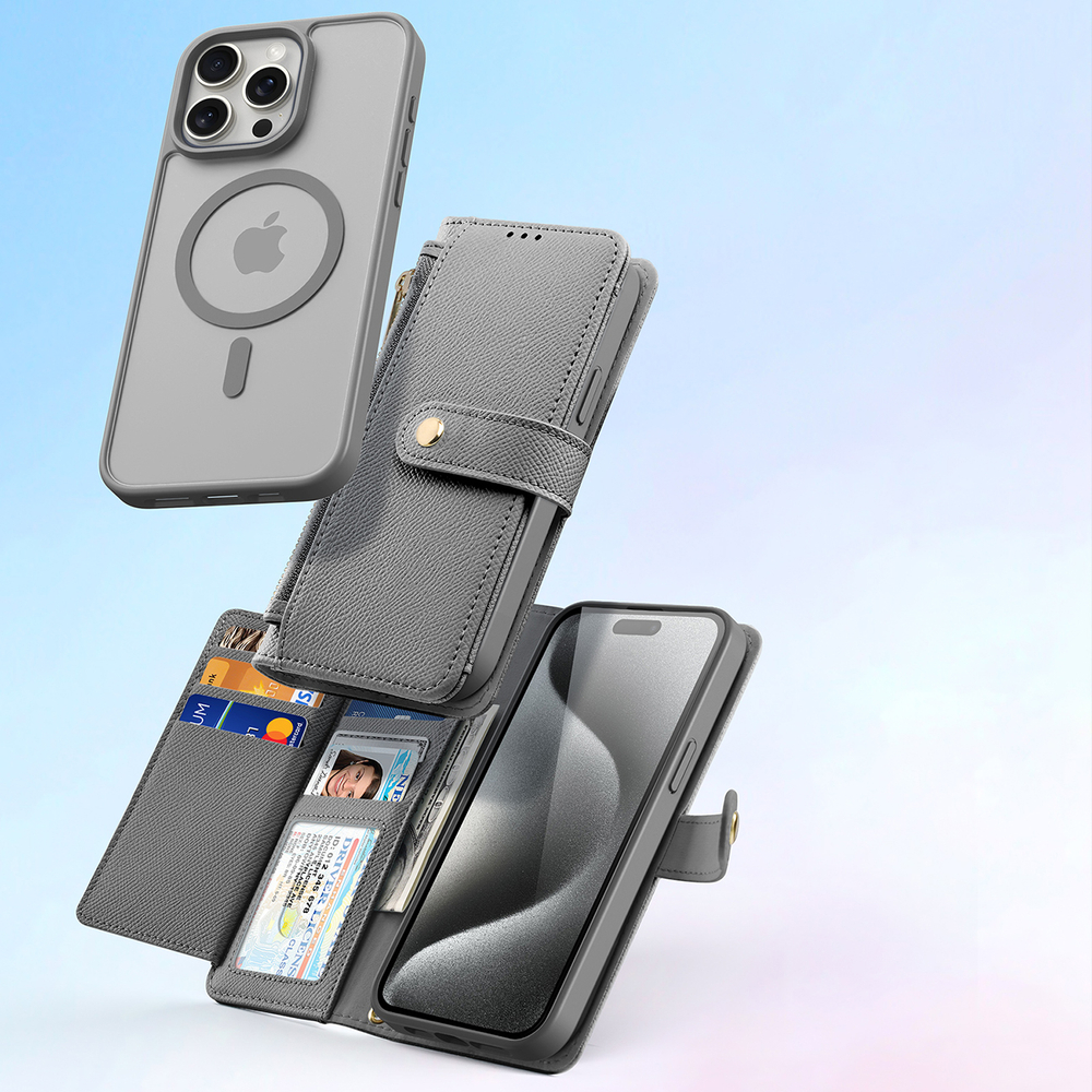 Dux Ducis Lawa Genuine Leather Wallet Case for iPhone 15 Pro Max, Gray