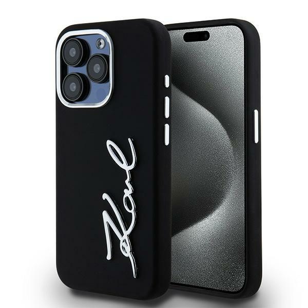 Karl Lagerfeld dėklas iPhone 15 Pro Max telefonui Silicone Metal Script Logo, juodas
