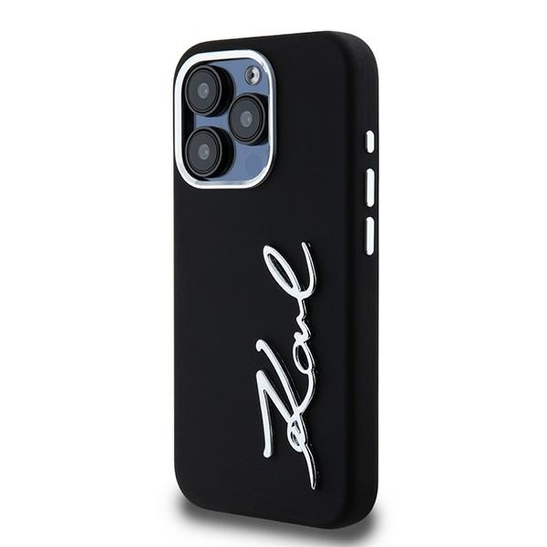Karl Lagerfeld dėklas iPhone 15 Pro Max telefonui Silicone Metal Script Logo, juodas
