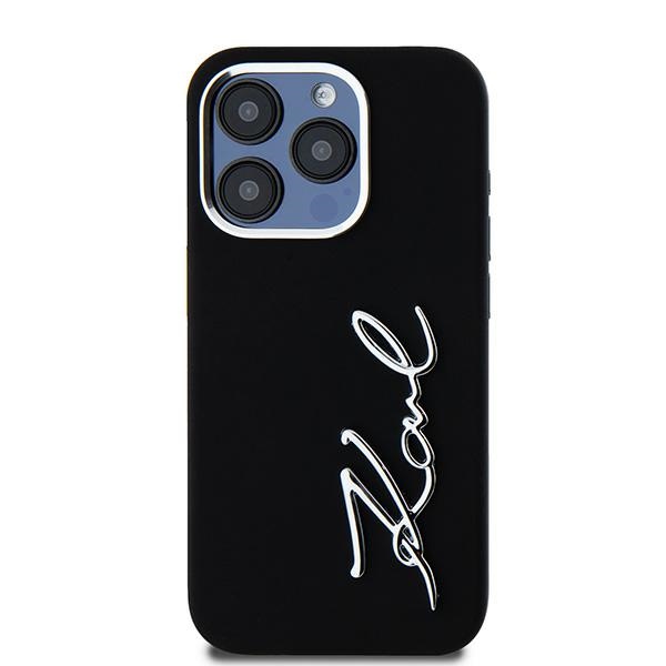 Karl Lagerfeld dėklas iPhone 15 Pro Max telefonui Silicone Metal Script Logo, juodas