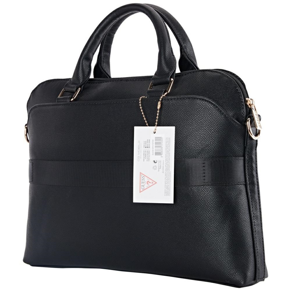 Guess Grained Zipper Pocket Triangle Logo 15\" Laptop Bag - Black