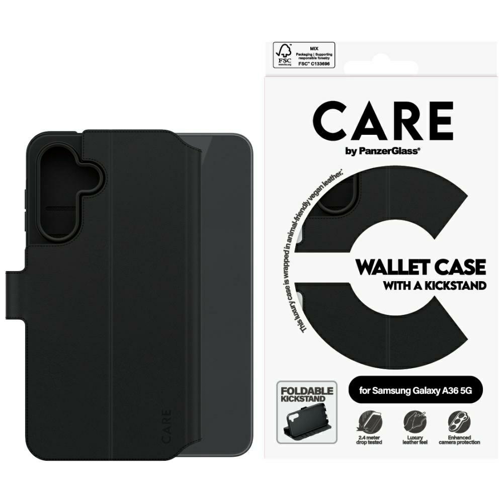 CARE by PanzerGlass Feature Wallet atverčiamasis dėklas Samsung Galaxy A36 5G, juodas