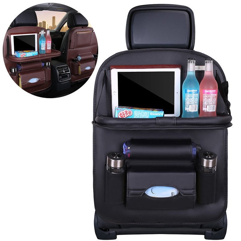 Black Eco-Leather Car Seat Organizer with Folding Table