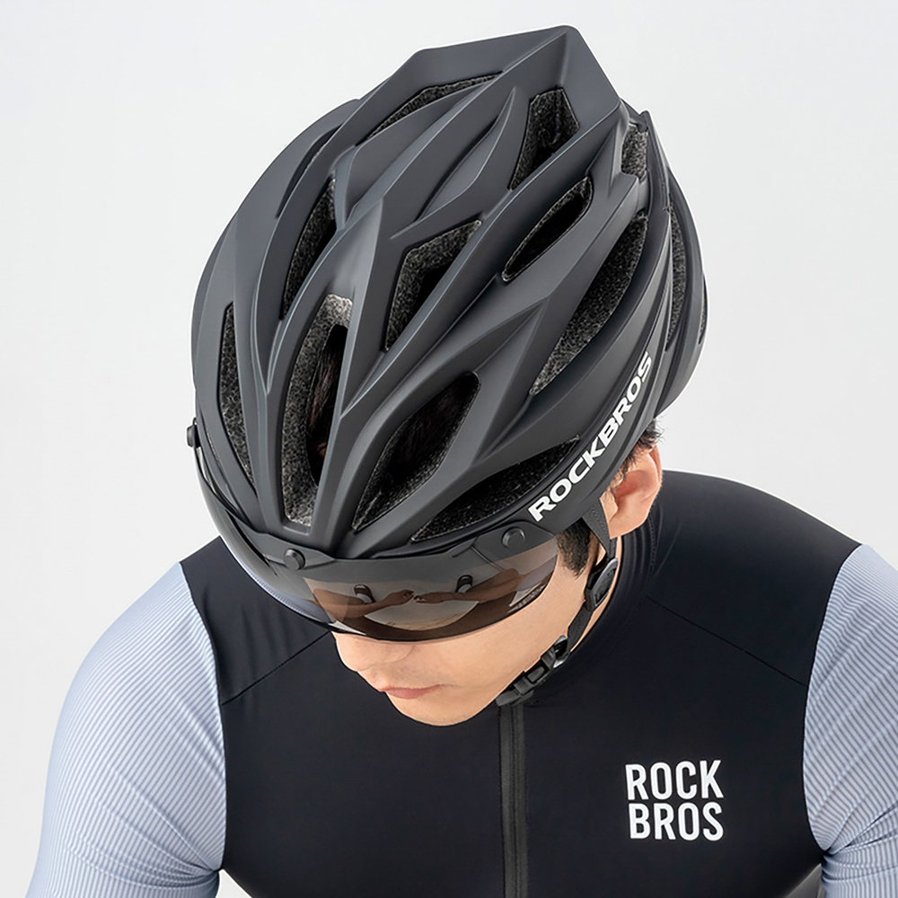 Rockbros Bike Helmet with Visor, Detachable UV Protective Goggles, Unisex - Black