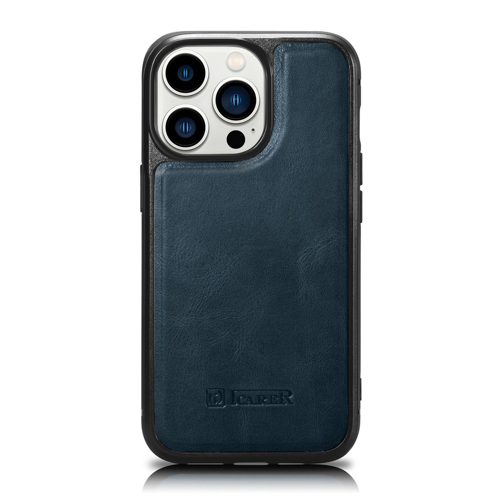 iCarer iPhone 14 Pro Max Leather Case Leather Oil Wax, Blue